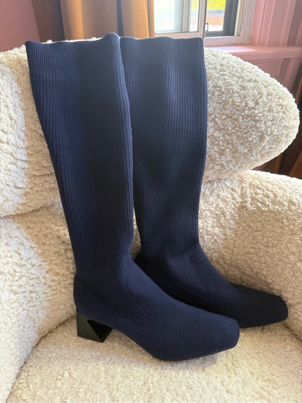 Vivaia Rebecca Navy Knit Mid-Heel Knee-High Boots